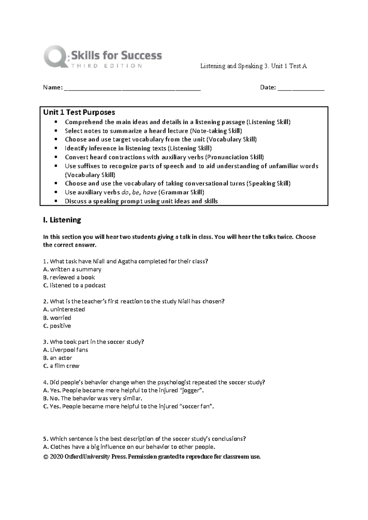 Listening and Speaking 3: Unit 1 Test A - Comprehension & Vocabulary ...