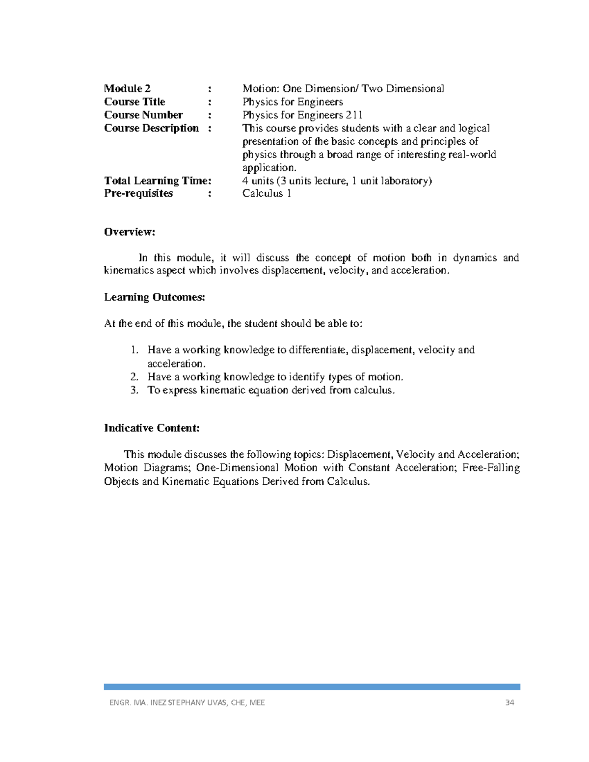 ENGR 211: Module 2 - Motion in One and Two Dimensions - Studocu