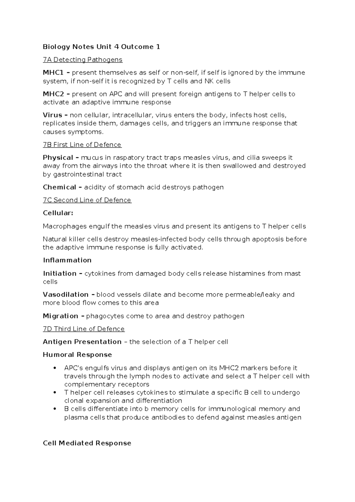 Biology Notes: Unit 4 - Immune Response & Pathogen Detection - Studocu