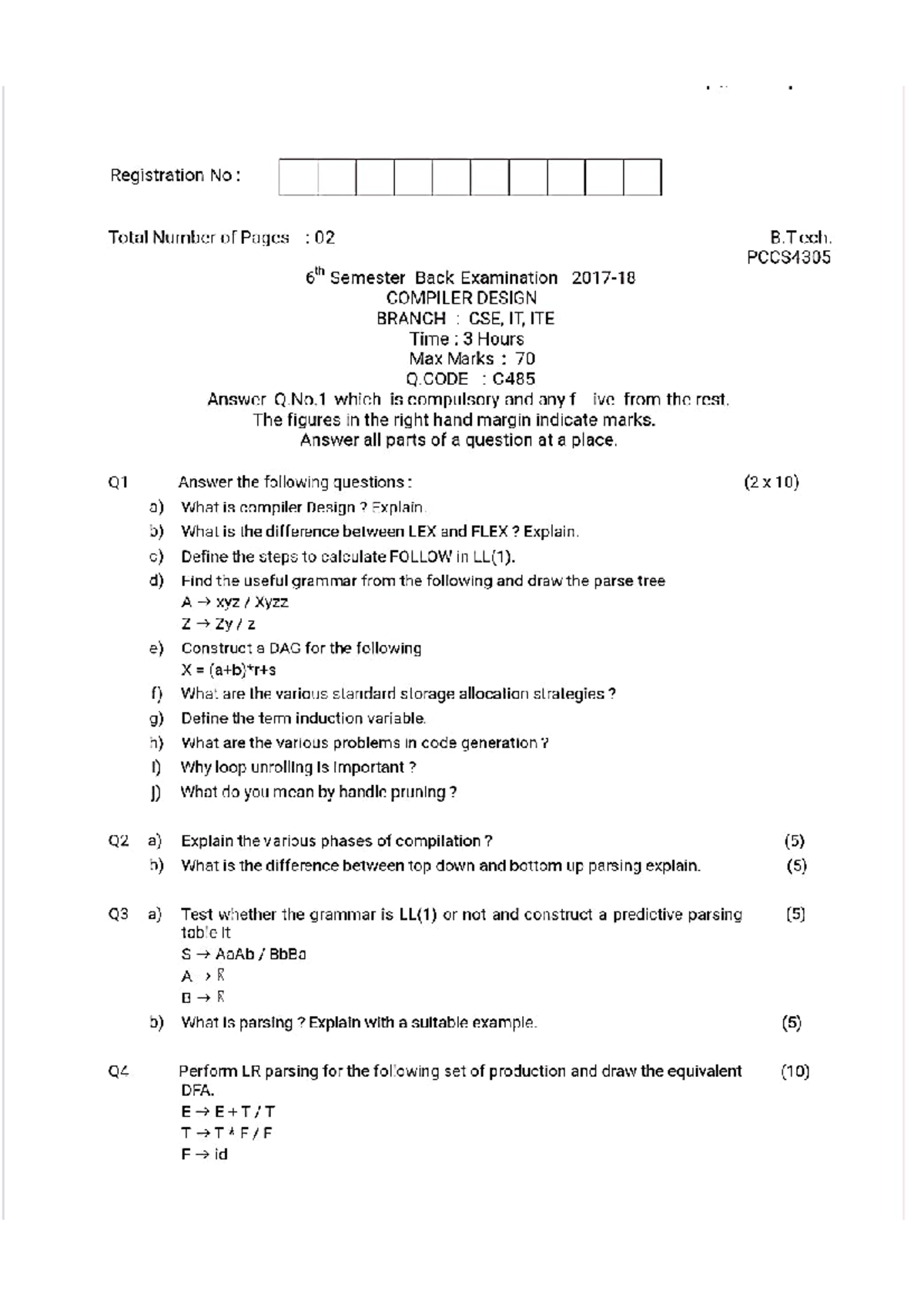B.Tech PCCS4305 6th Sem Compiler Design Exam Q.Code C485 Notes - Studocu