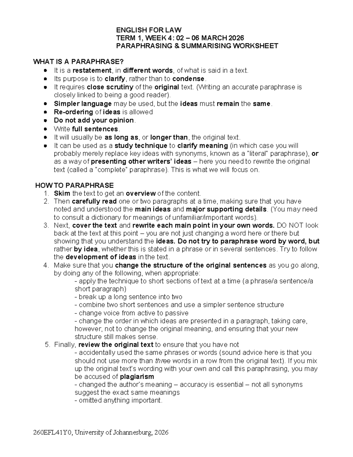 T1 W4 Paraphrasing & Summarising Worksheet (2026) - Studocu
