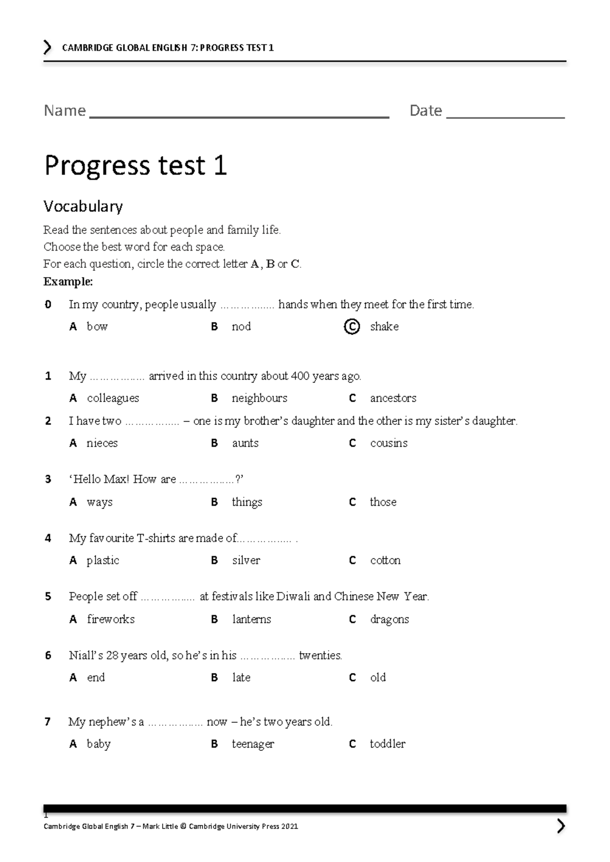 CAMBRIDGE GLOBAL ENGLISH 7: PROGRESS TEST 1 Review - Studocu