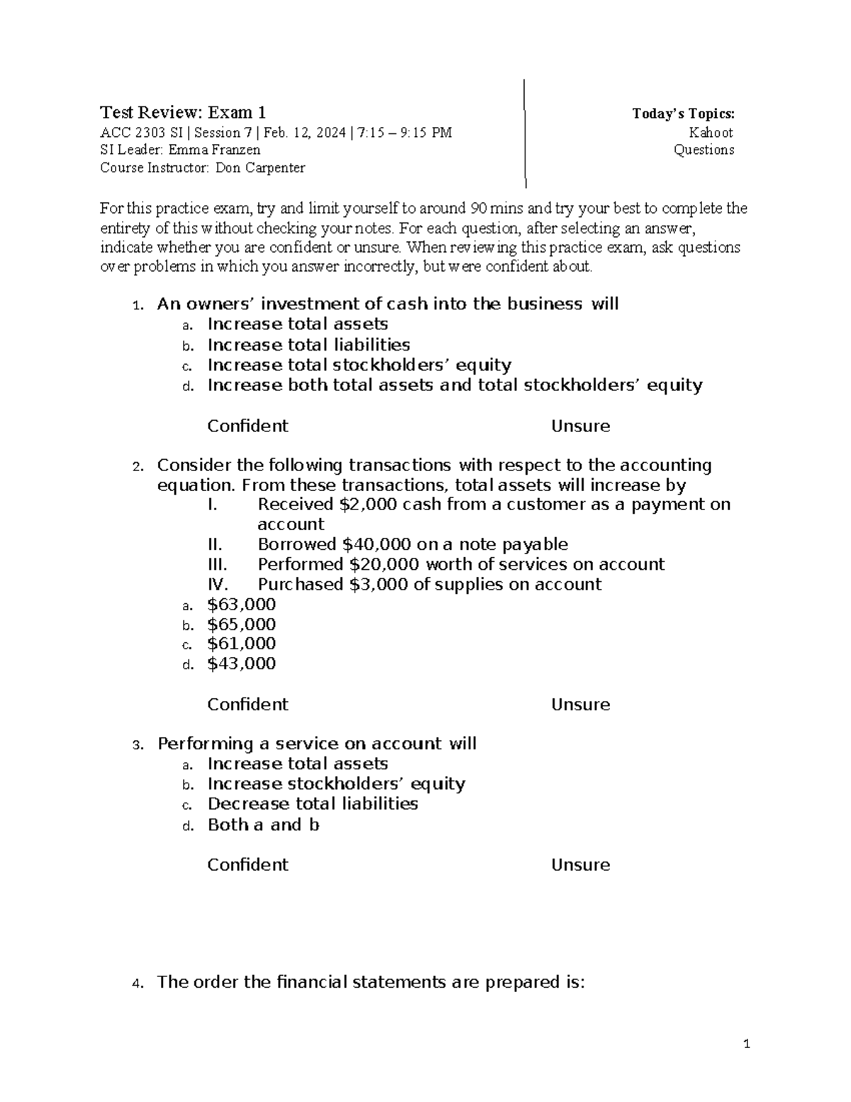 ACC 2303 Practice Exam 1 Review Notes for Feb. 12, 2024 - Studocu