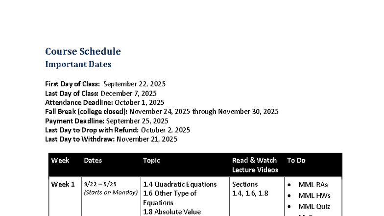 Schedule for MAT1340512: Important Dates & Weekly Topics Fall 2025 ...