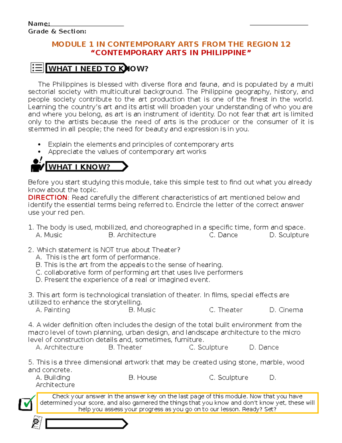 Module 1 Contemporary ARTS 12 - Check your answer in the answer key on ...