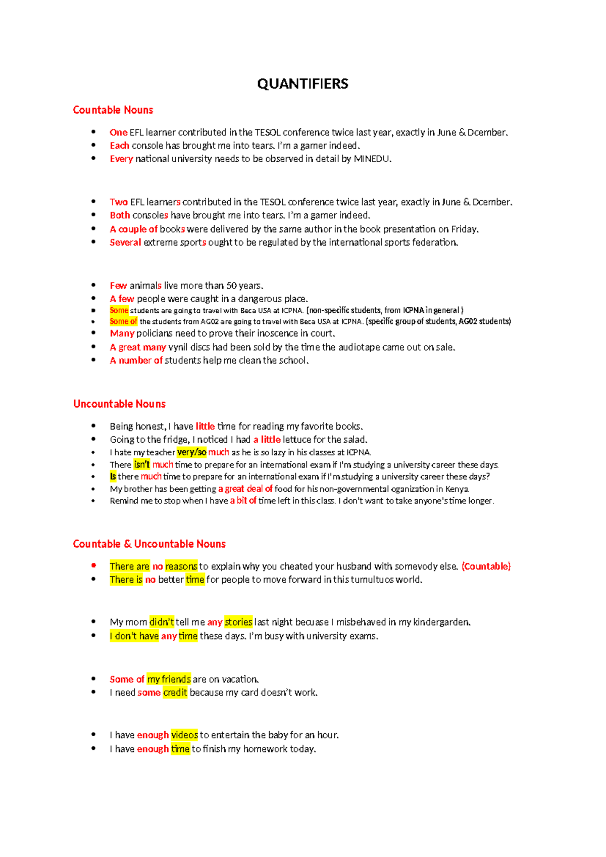 UNIT 12 - structures - QUANTIFIERS Countable Nouns One EFL learner ...