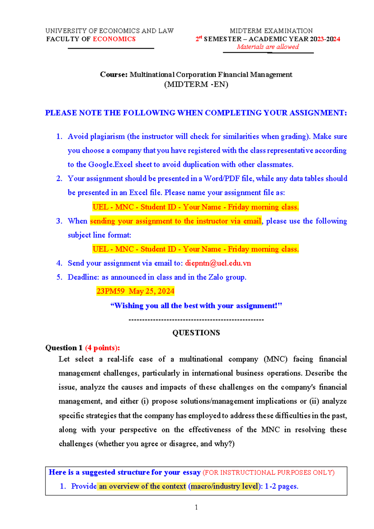 Midterm Exam - MNC Financial Management (Course Code: UEL-MNC-2023 ...