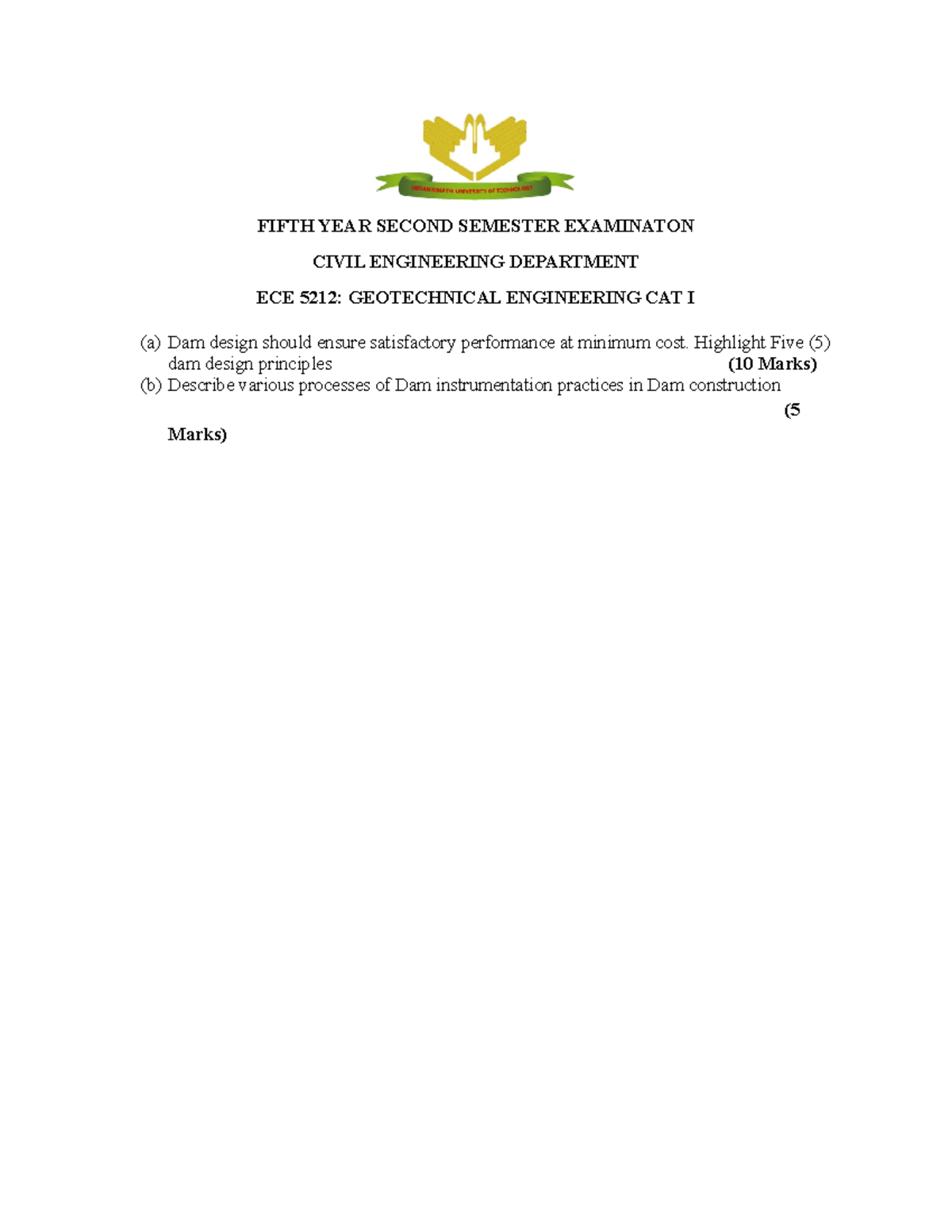 Fifth Year Geotechnical Engineering Exam: ECE 5212, CAT I - bachelor of ...