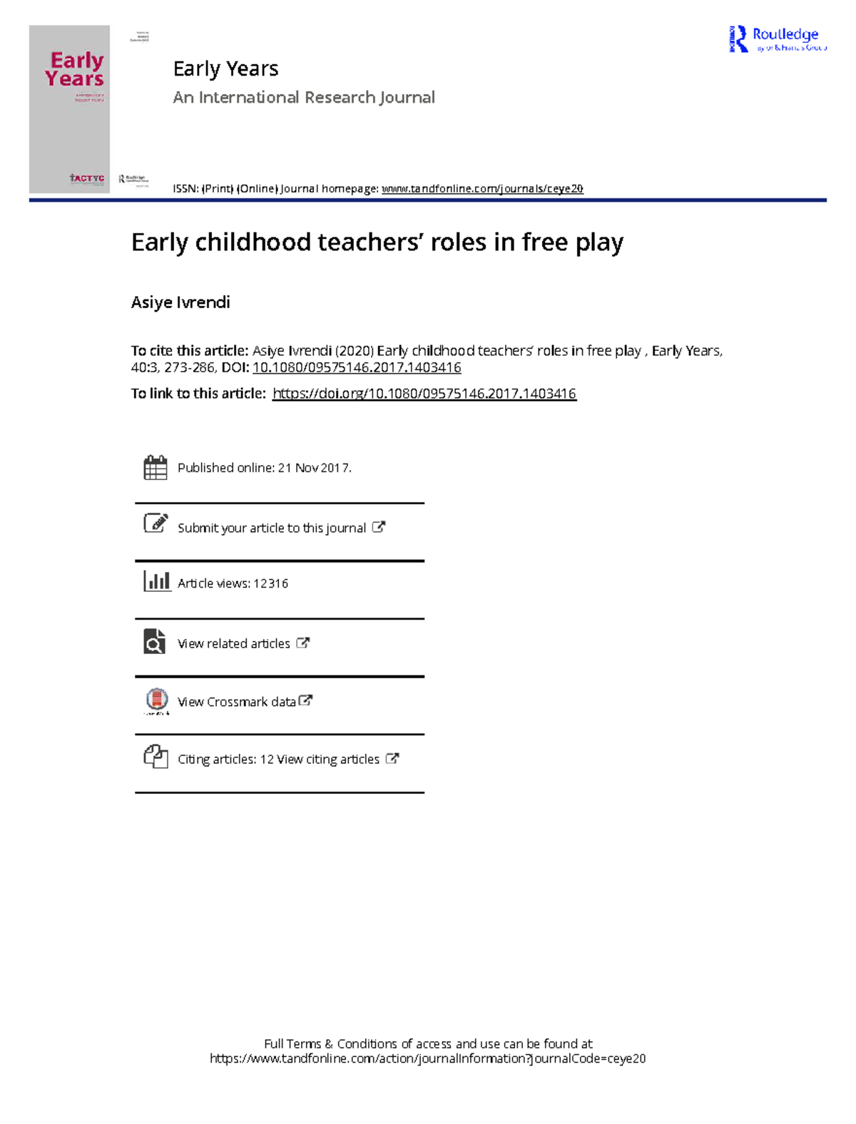 Early Years 40:3 - Examining Teacher Roles in Free Play - Studocu