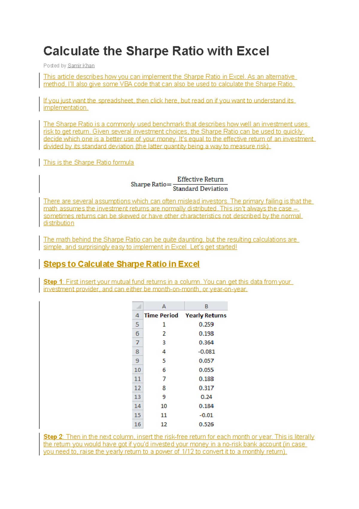 Calculation of sharpe ratio - Calculate the Sharpe Ratio with Excel ...