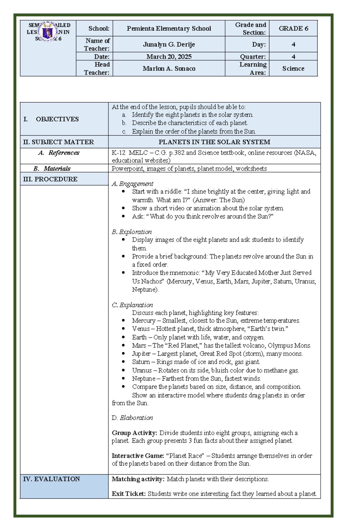 Lesson Plan in Science - SEMI-DETAILED LESSON PLAN IN SCIENCE 6 School ...