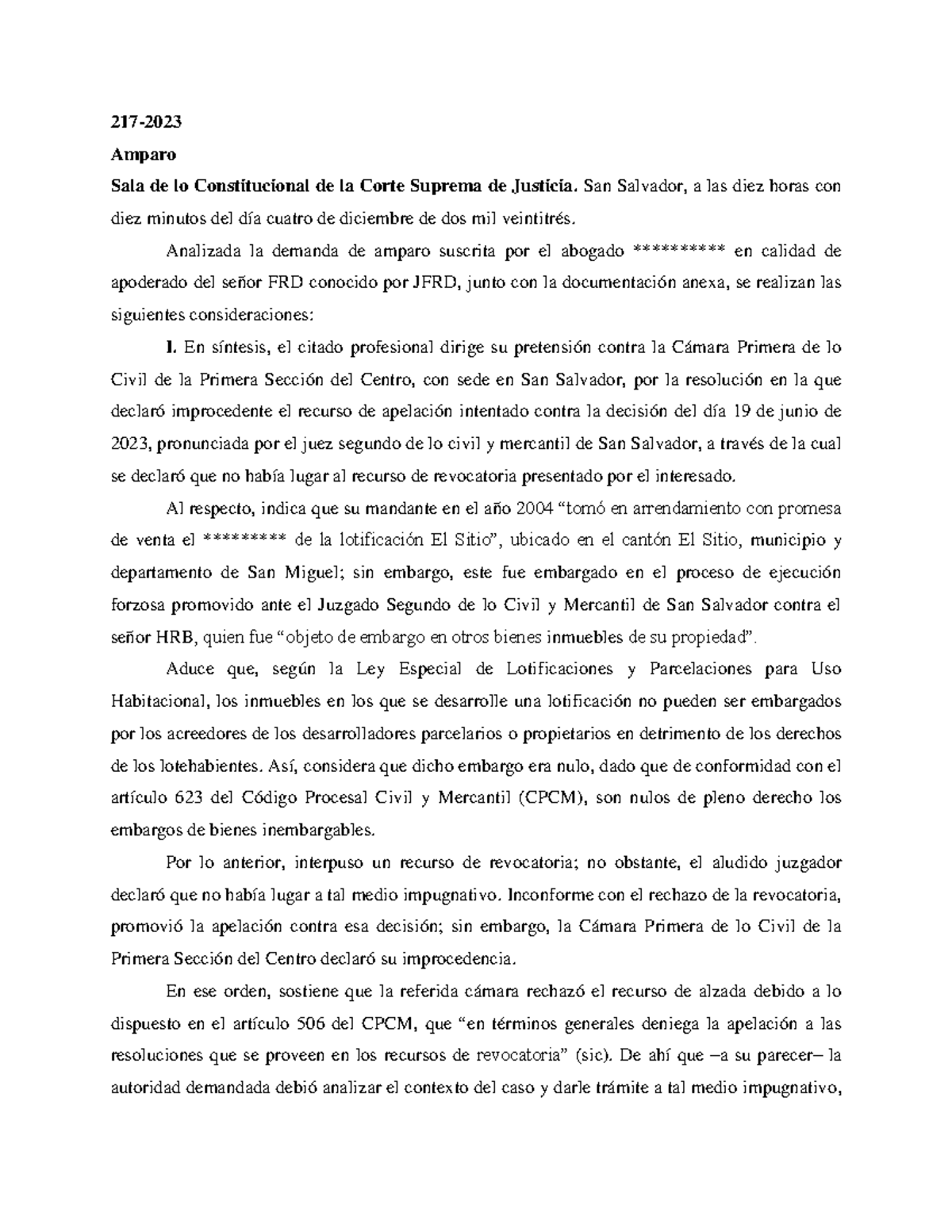 FE93A - Análisis de la Sentencia sobre Bienes Inembargables en Amparo ...