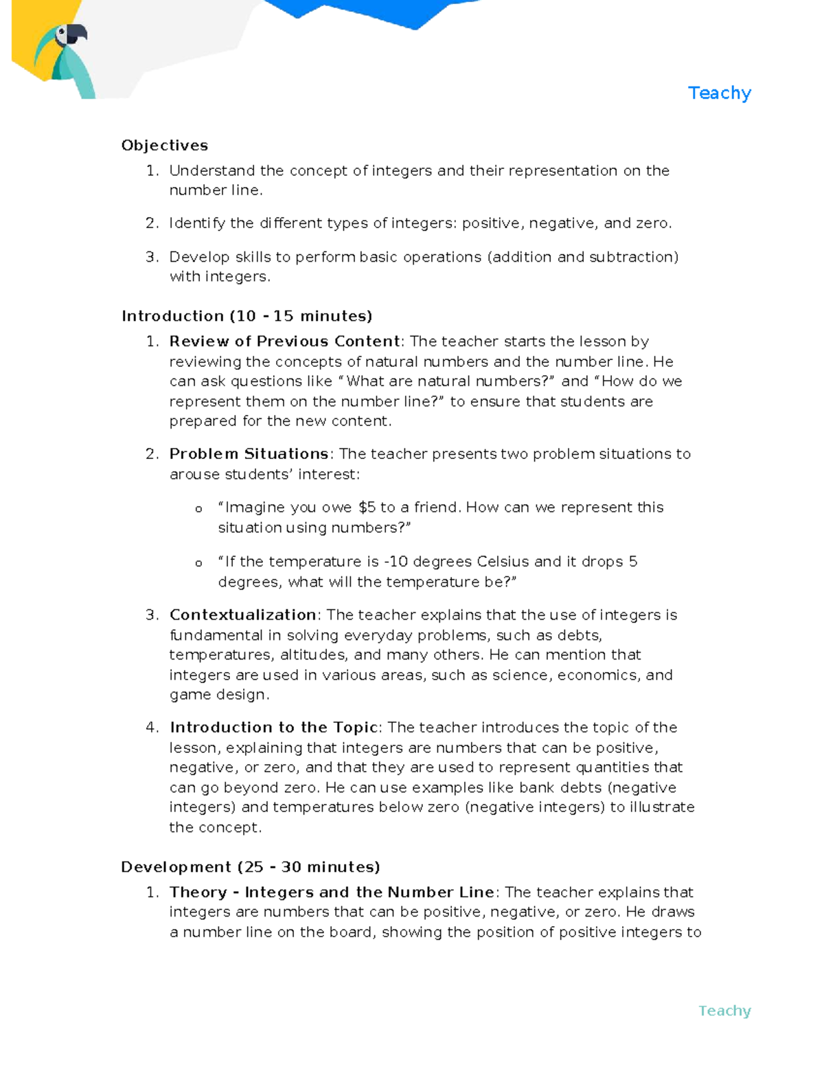 Lesson Plan: Understanding Integers - Teachy 2025 - Studocu