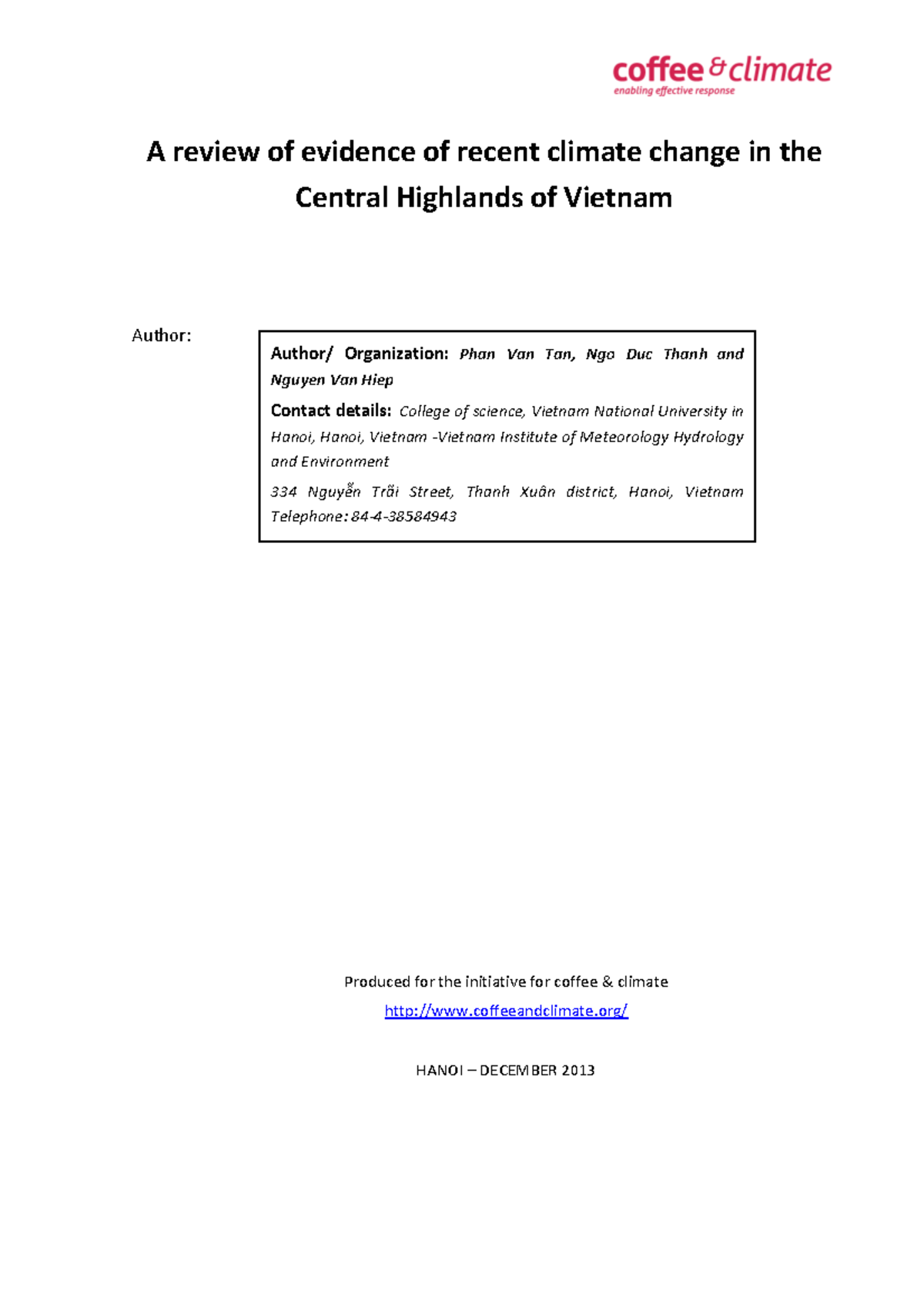 Climate Change Assessment in the Central Highlands of Vietnam (ENV 101 ...