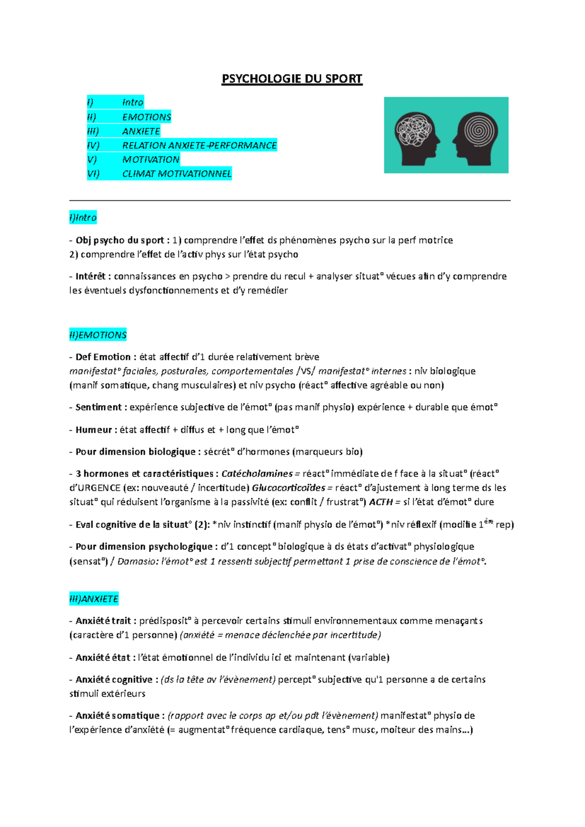 Fiche de Révision: Psychologie du Sport (PSYCH 101) - Studocu