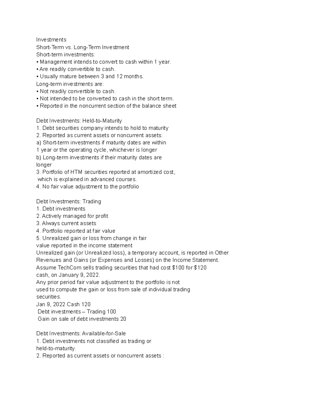 Investments notes - Investments Short-Term vs. Long-Term Investment ...