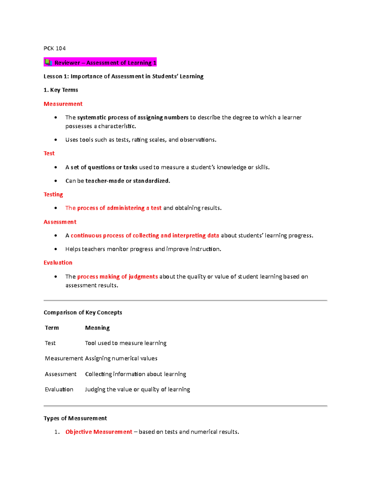 PCK 104 Reviewer: Assessment of Learning Key Concepts and Taxonomy ...