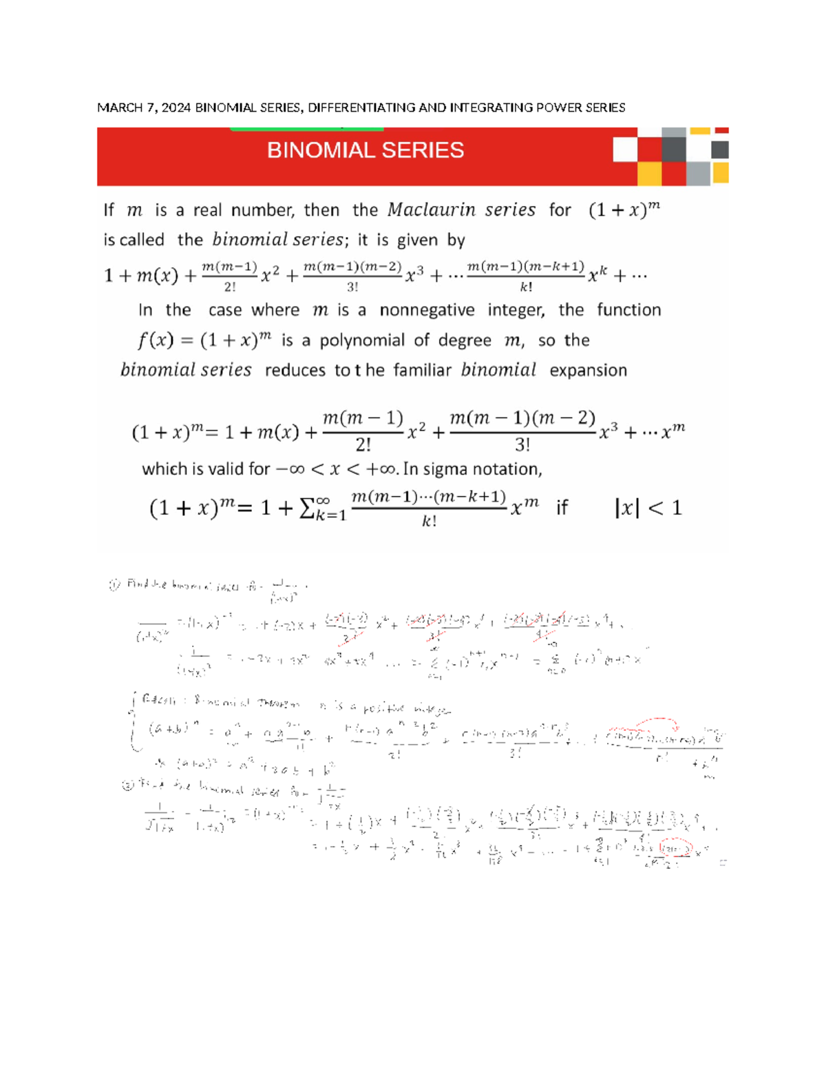 Examples - Binomial Series, Differentiating AND Integrating Power ...
