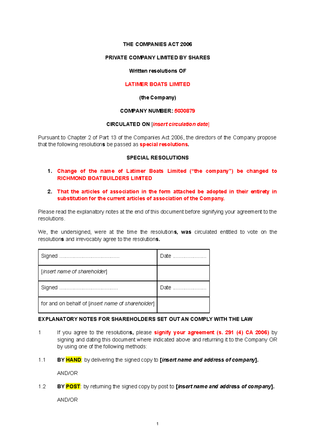 WS 6 - Written Resolution for Latimer Boats Limited (CA 2006) - Studocu