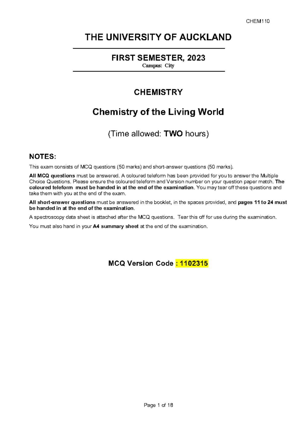 2023FC CHEM 110 Final Exam: Chemistry of the Living World Answers - Studocu