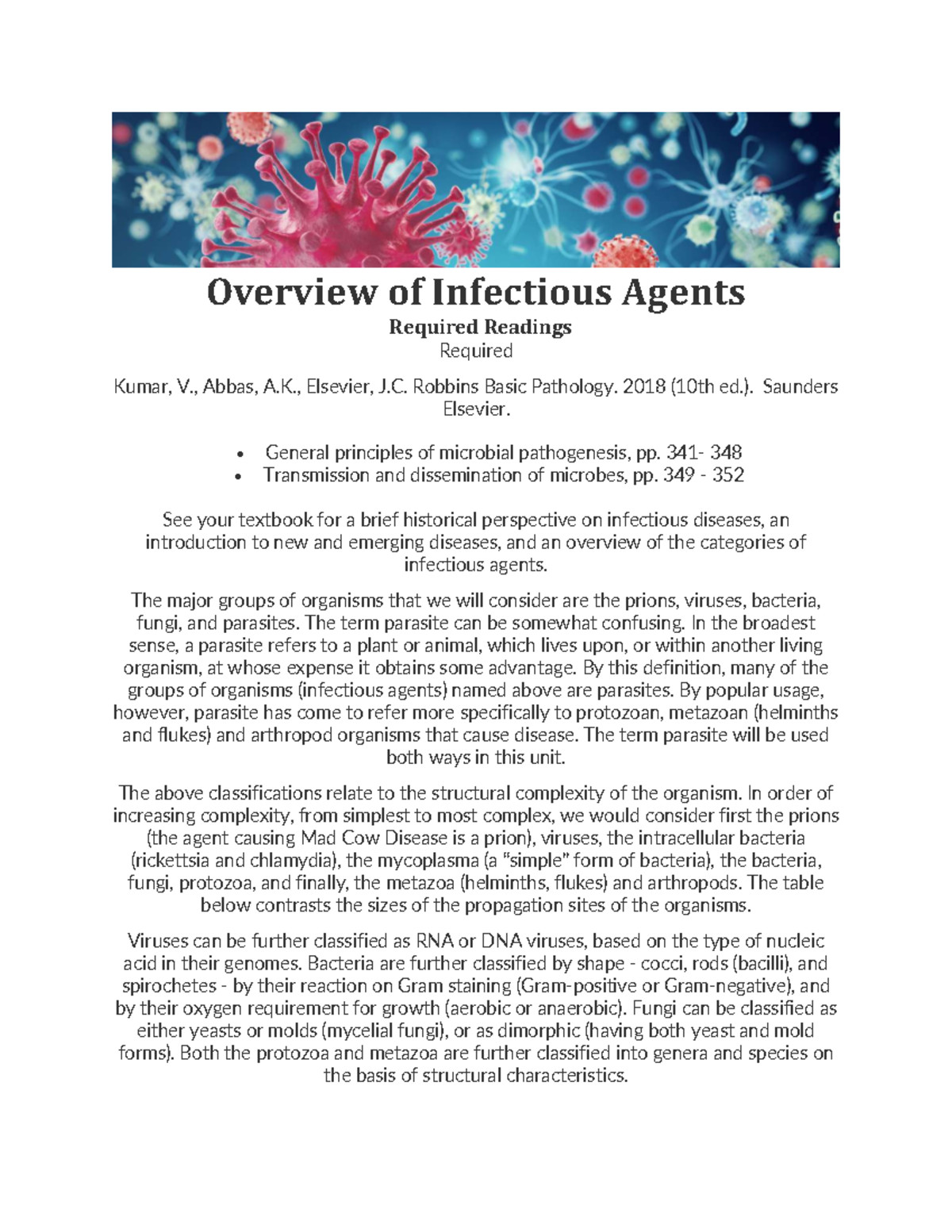 Unit 6: Overview of Infectious Agents and Pathogenesis (Kumar, V. et al ...