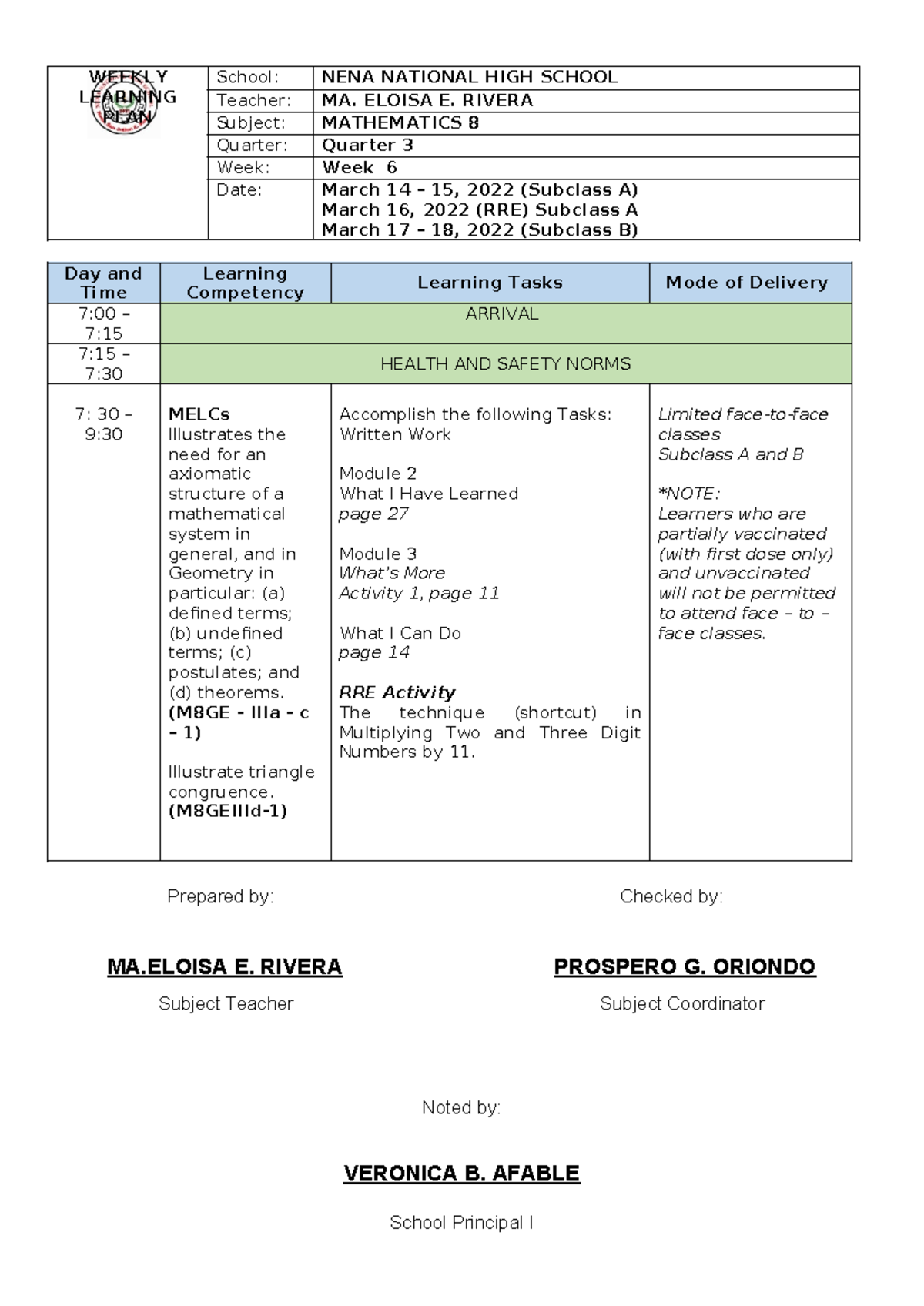 WLP MATH 8 & STATISTICS AND PROBABILITY - Quarter 3 Weekly Learning ...