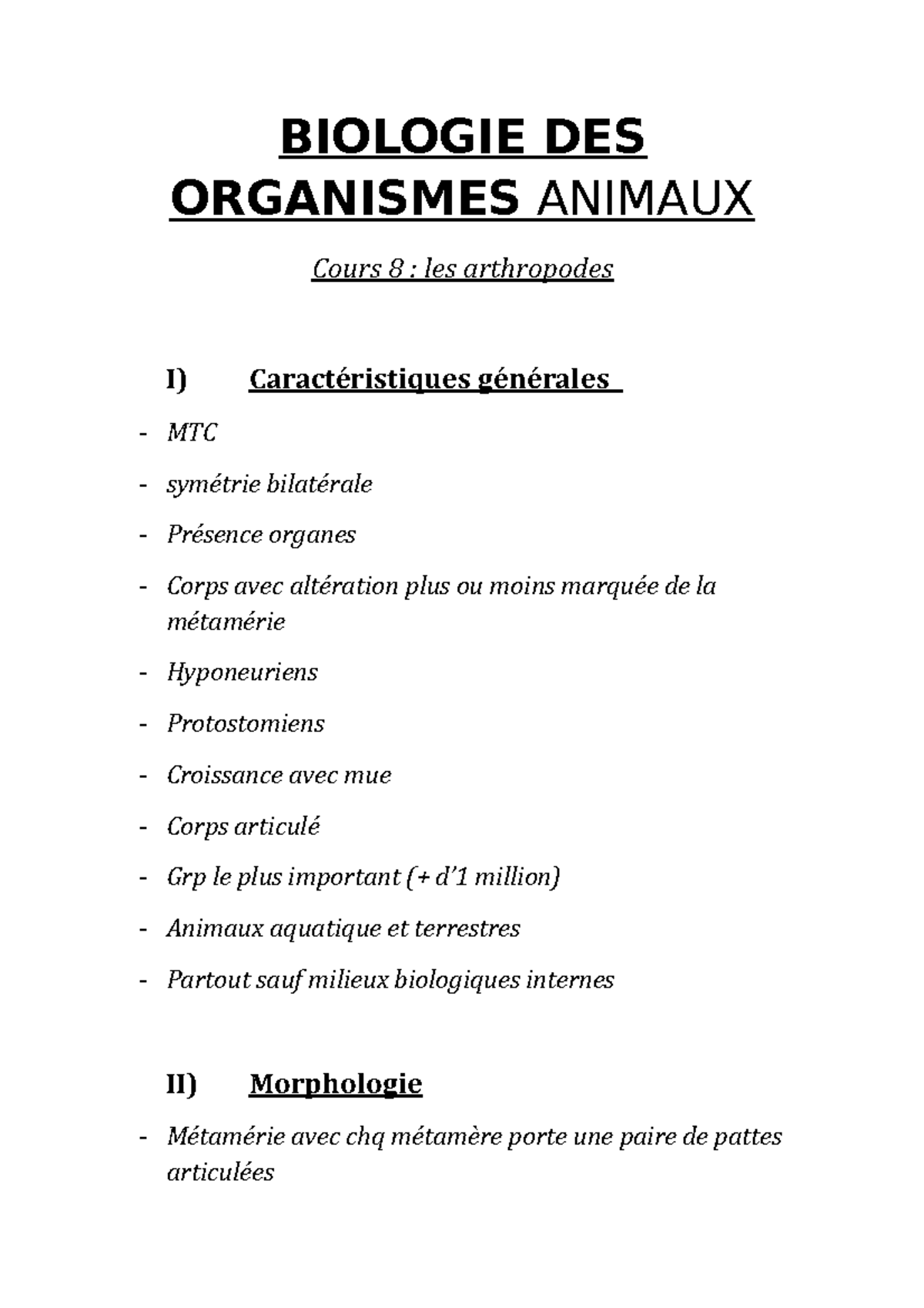Cours 8 - force à vous - BIOLOGIE DES ORGANISMES ANIMAUX Cours 8 : les ...