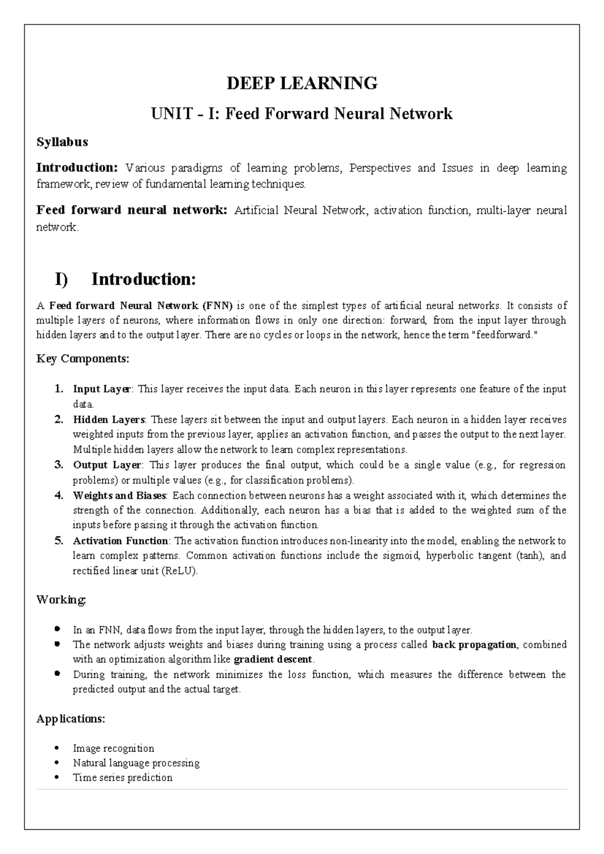 DL Unit I: Feed Forward Neural Networks Overview and Key Concepts - Studocu