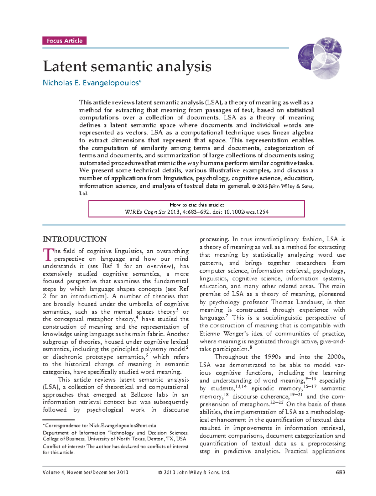 Paper 1 Latent semantic analysis - Focus Article Latent semantic ...
