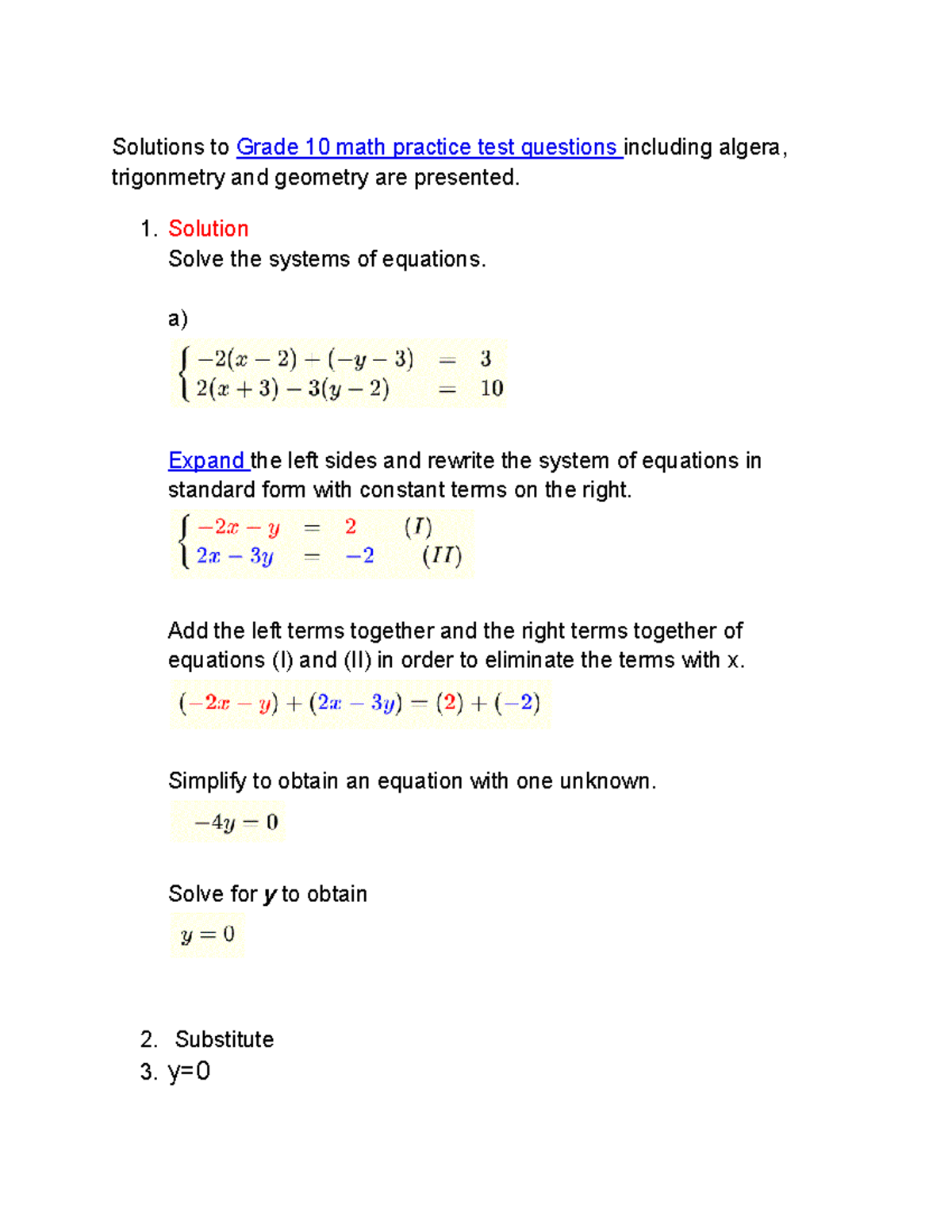 Grade 10 Math Practice Test Solutions: Algebra, Trig, Geometry - Studocu