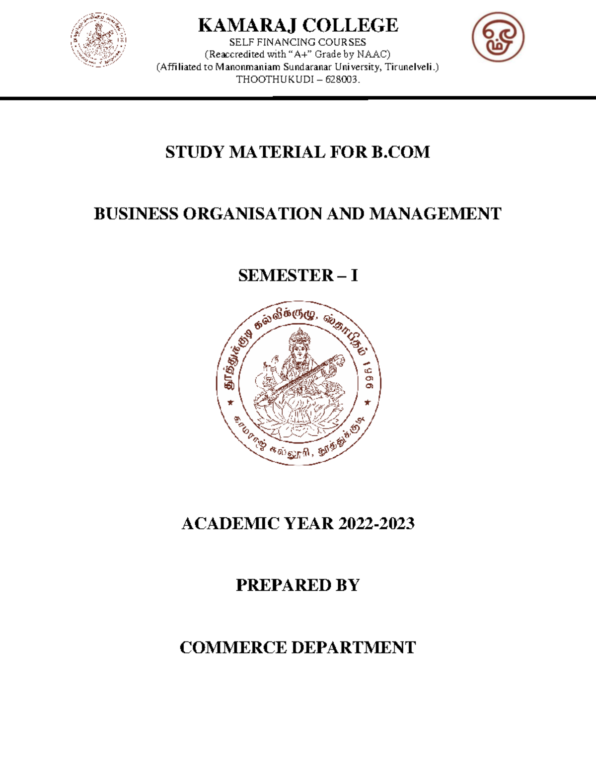 B.COM Business Organisation & Management Study Material - Sem I - Studocu