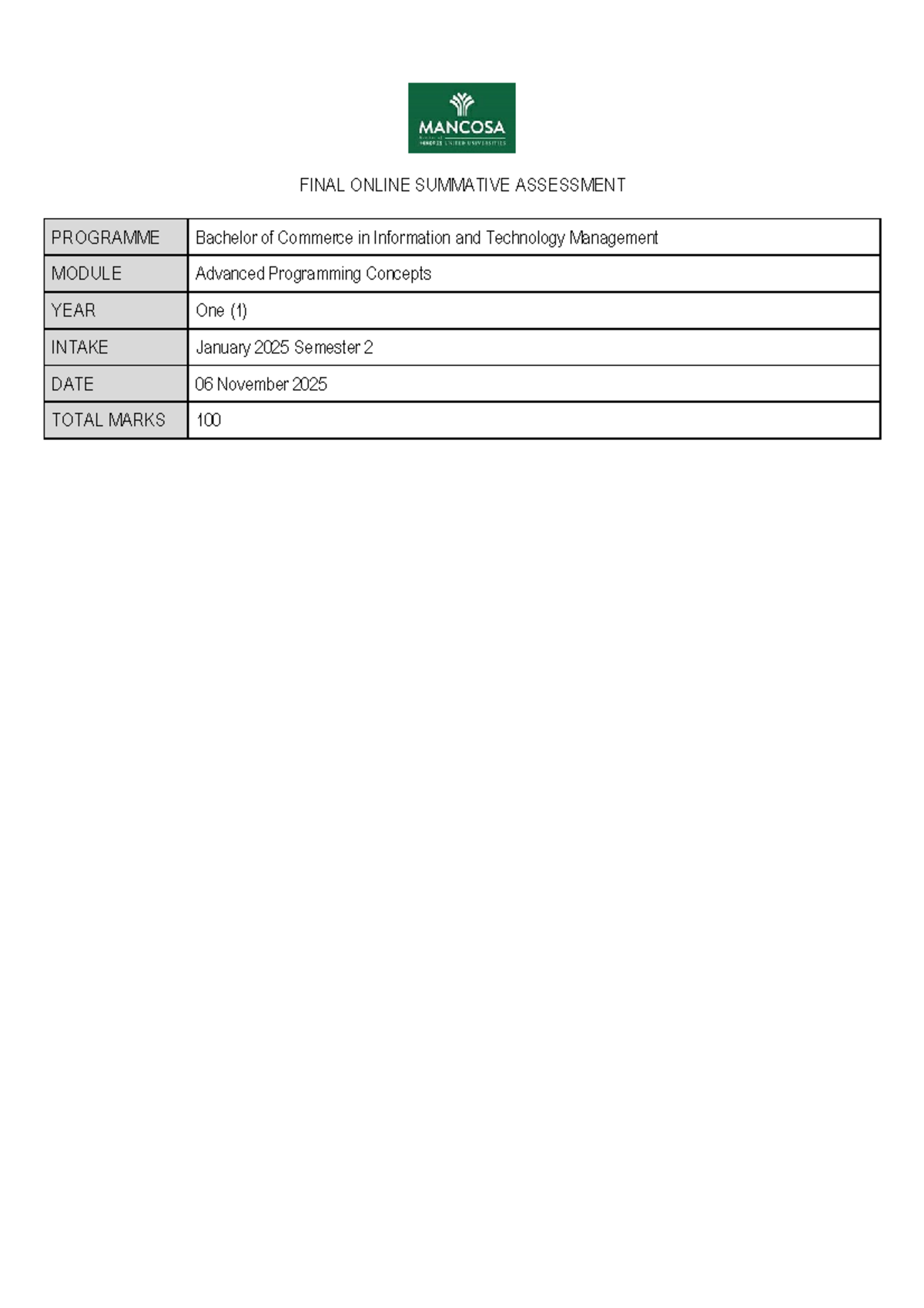Advanced Programming Concepts Final OSA - B.Com ITM Year 1 - Studocu