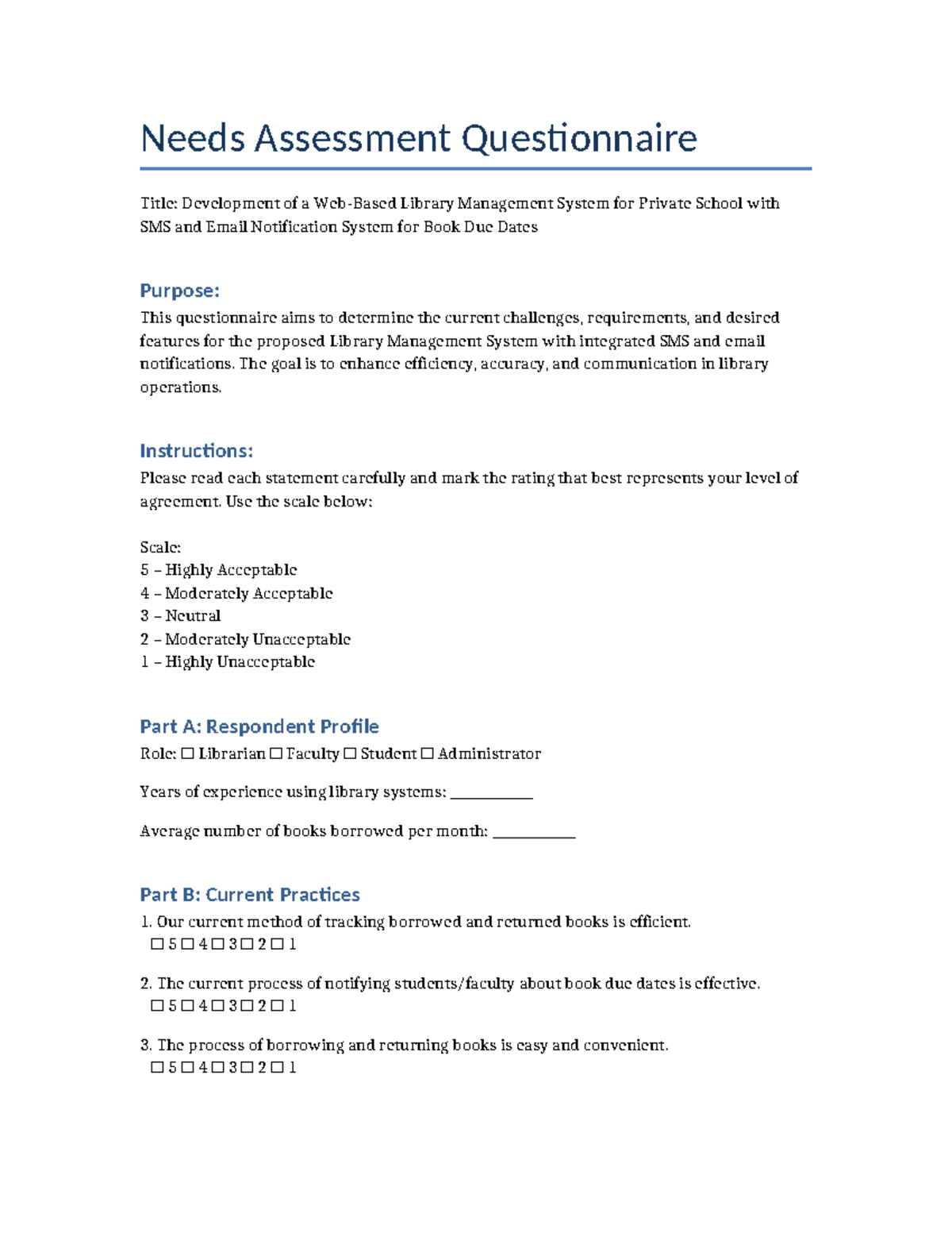 Library Management System Needs Assessment Questionnaire - Studocu