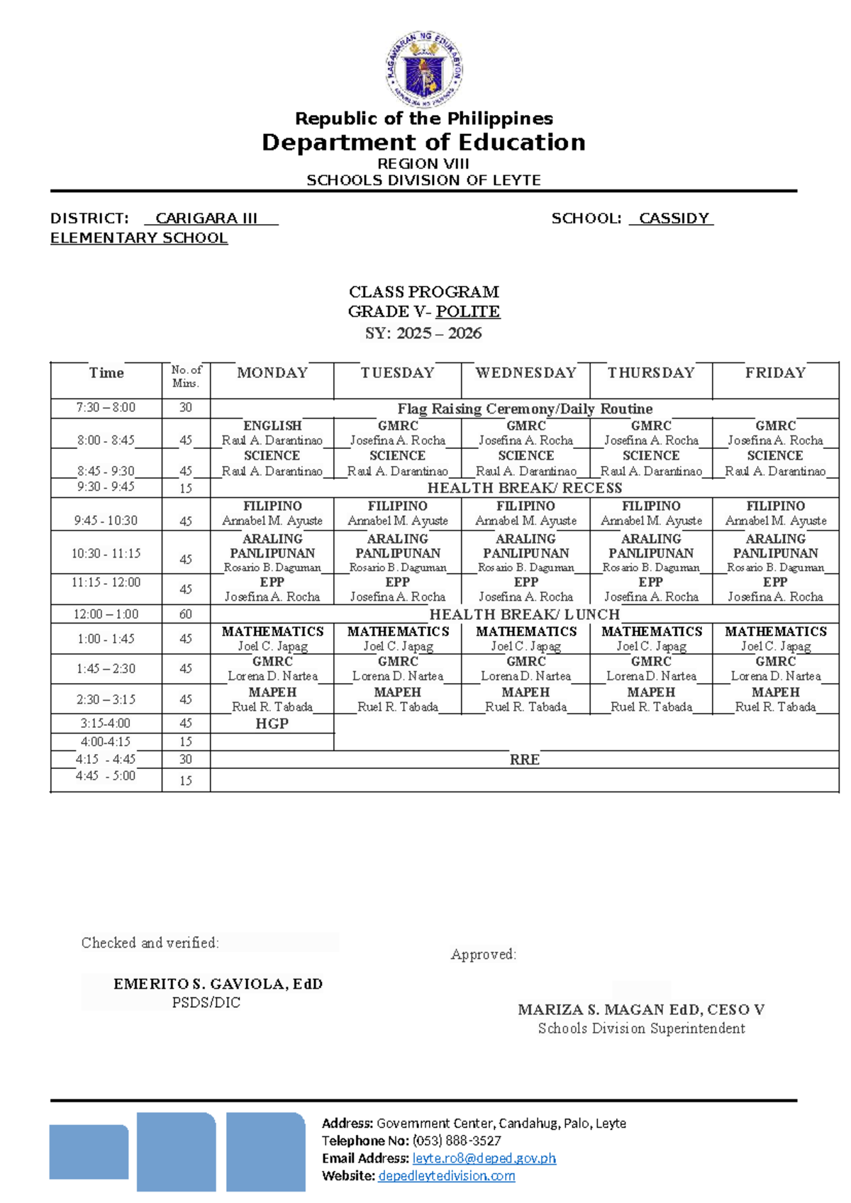 ARAL Class Program for Grade 5 - SY 2025-2026 - Studocu
