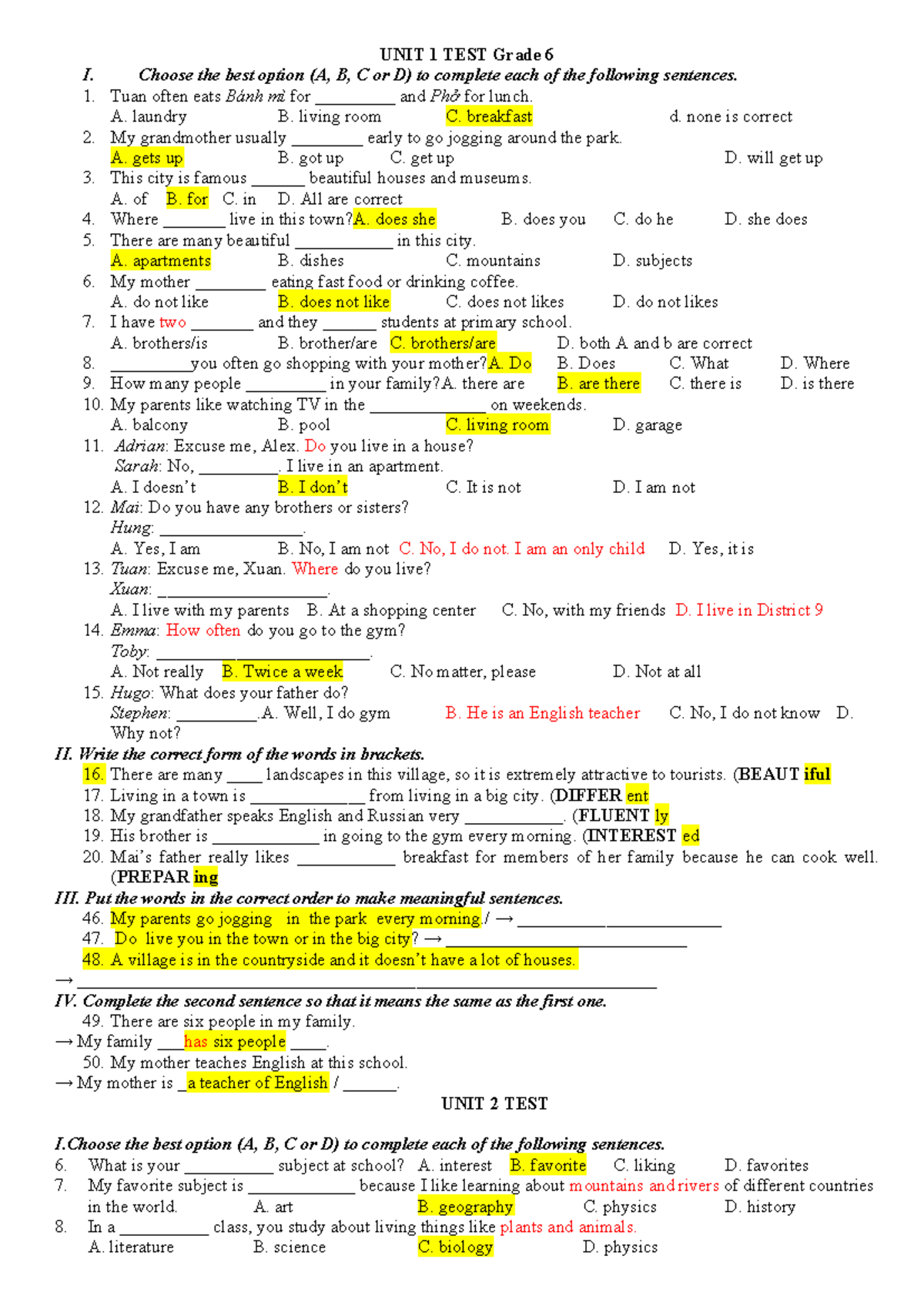 Grade 6 UNIT 1 & 2 TEST Practice Exercises - Studocu