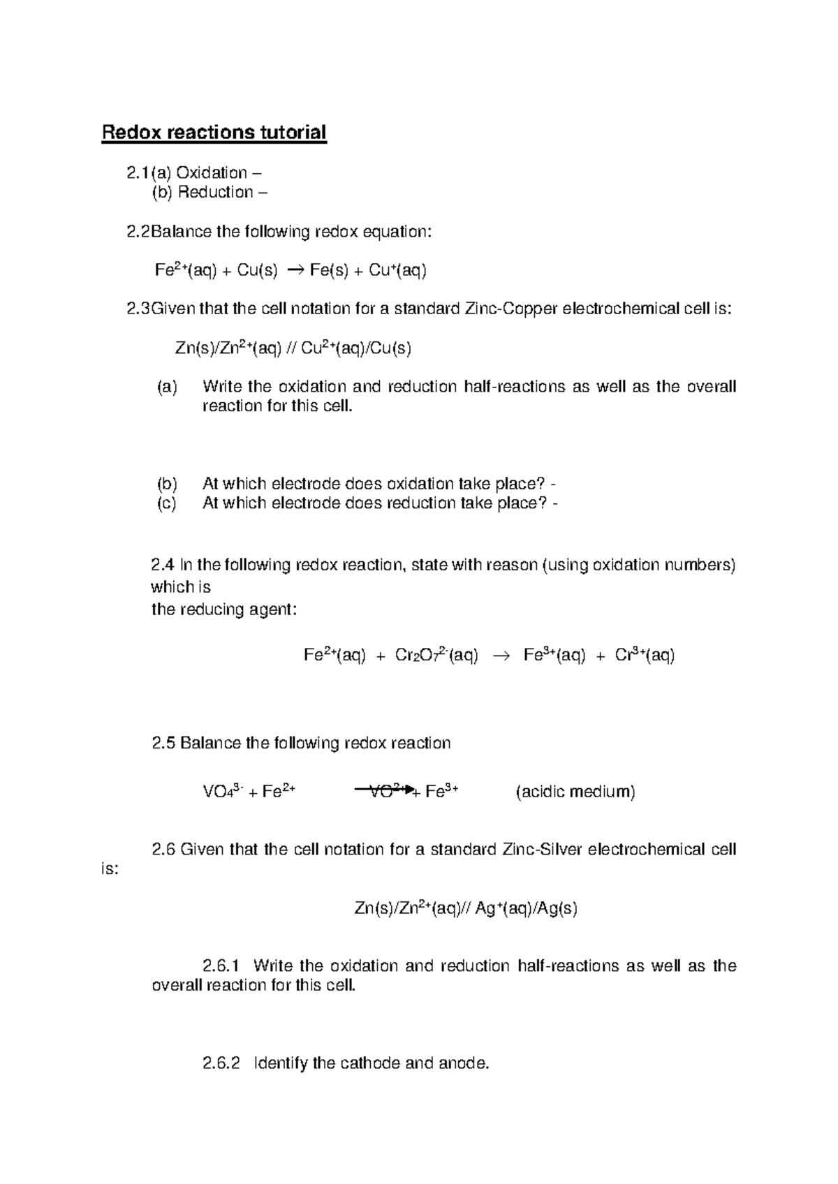Redox Reactions Tutorial Questions: Understanding Oxidation & Reduction ...
