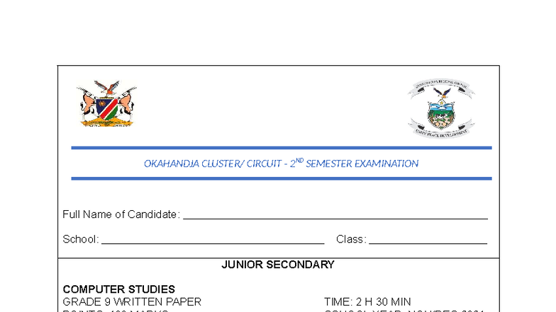 JSC Grade 9 Computer Studies Final Exam - Okahandja Circuit 2024 - Studocu