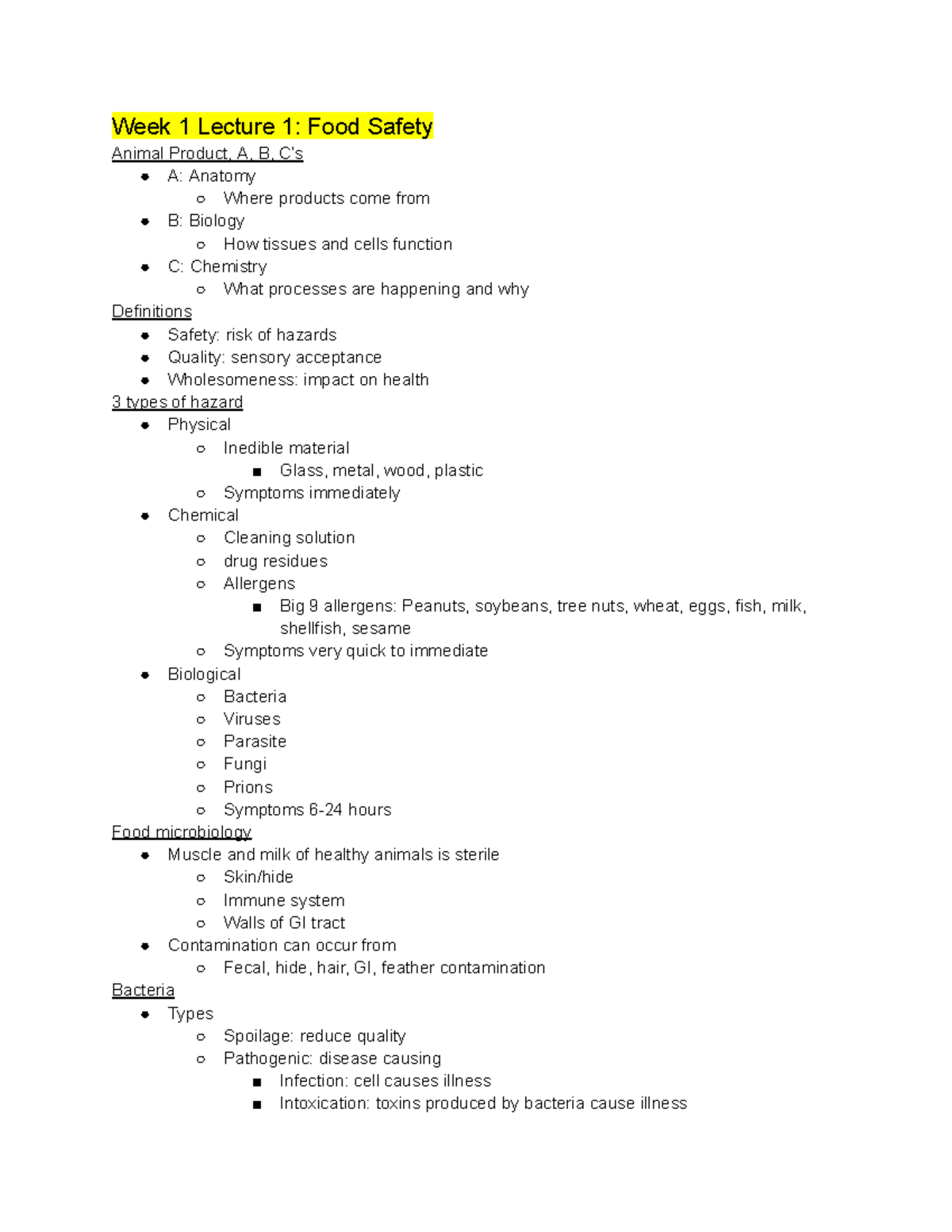 Week 2 Lecture Notes: Food Safety & Control of Foodborne Illness - Studocu