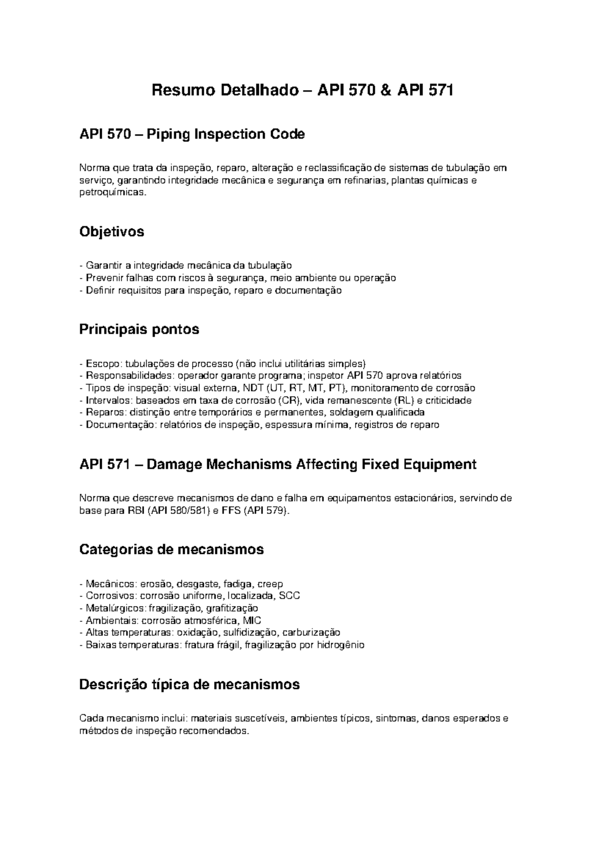 Resumo Detalhado API 570 e API 571: Inspeção e Mecanismos de Dano - Studocu