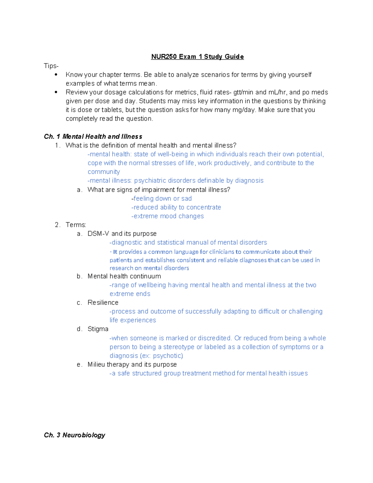 250 Exam 1 - Mental Health practice - NUR250 Exam 1 Study Guide Tips ...