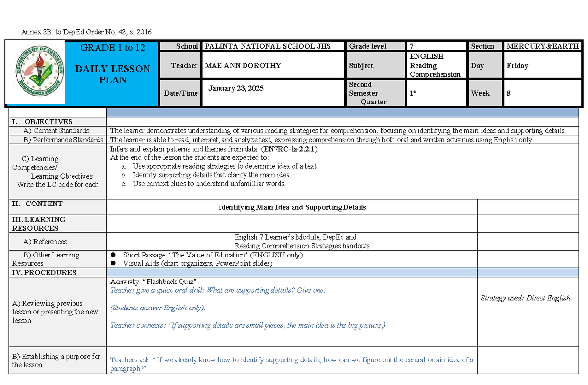 Control Lesson Plan for ENGLISH 7: Reading Comprehension Strategies ...