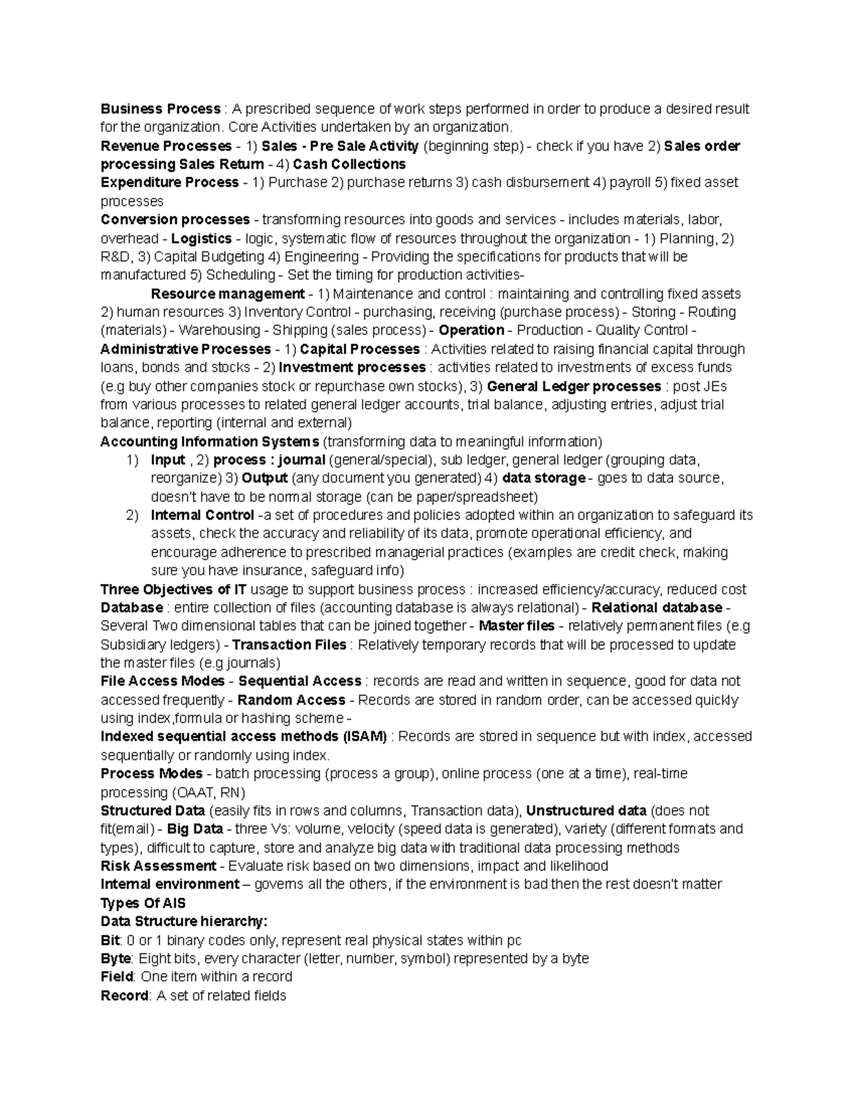 AIS 120A Business Process Overview: Key Concepts and Controls - Studocu