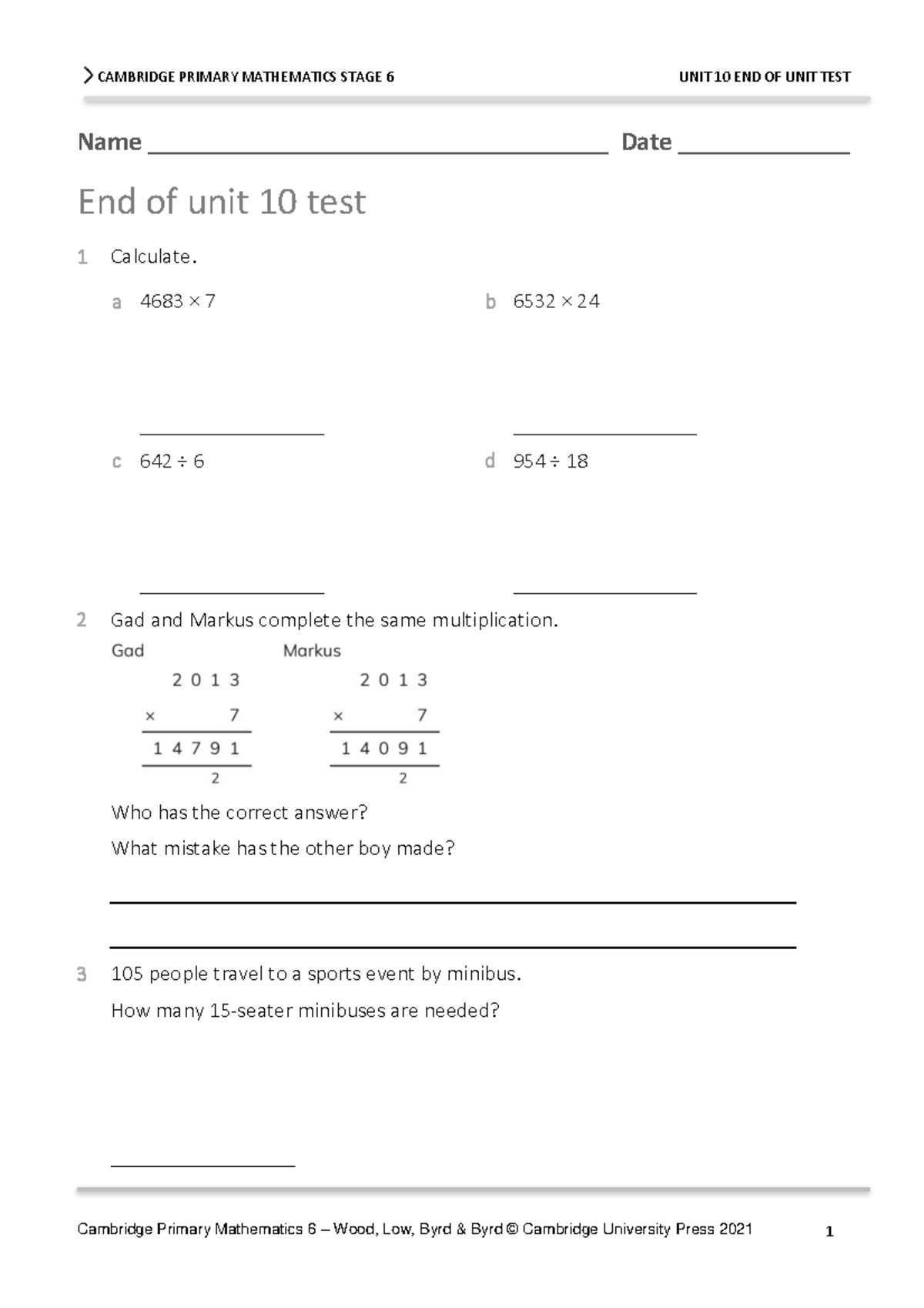 CAMBRIDGE PRIMARY MATHEMATICS 6 UNIT 10 END OF UNIT TEST - Studocu
