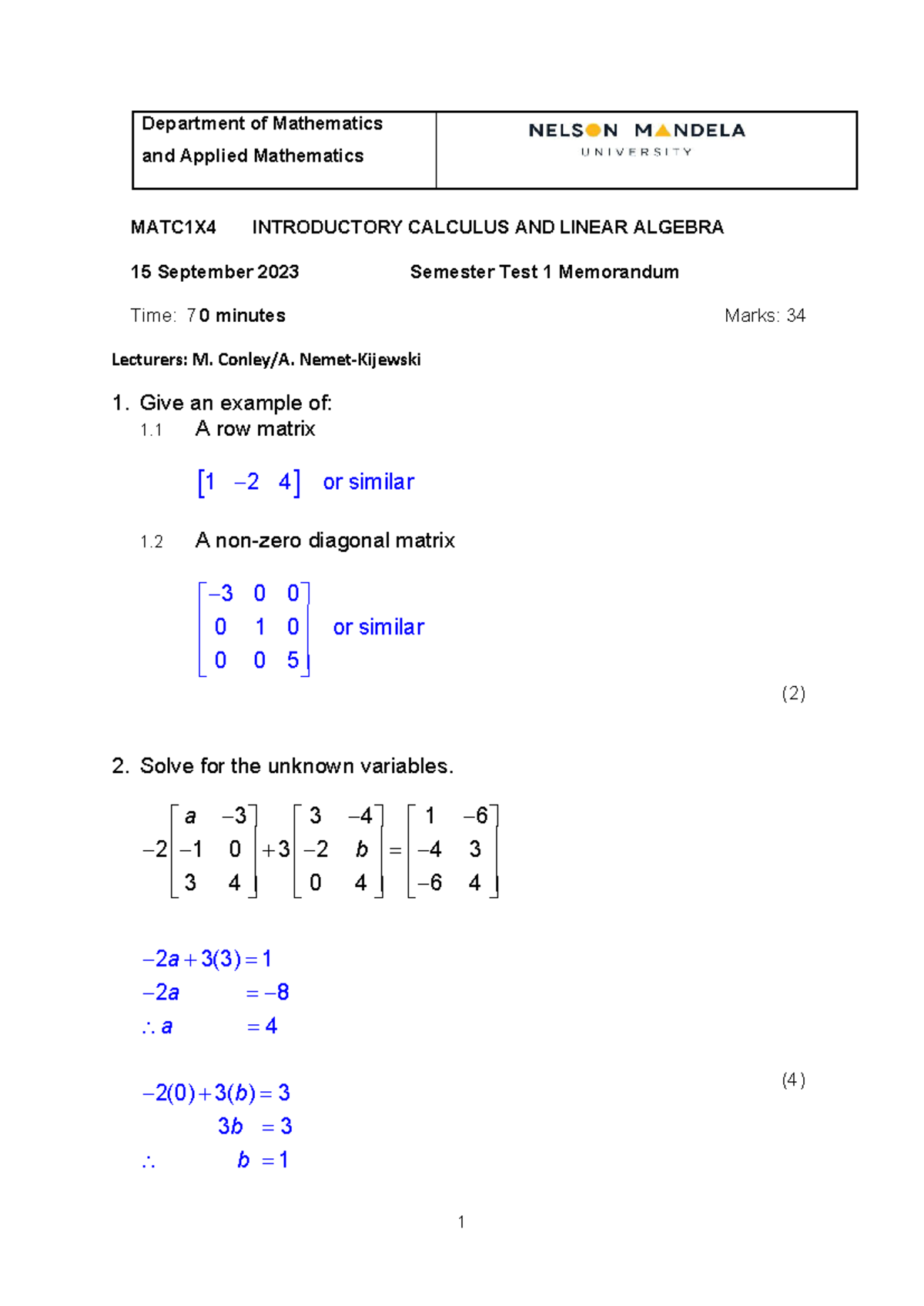MATC1X4 Introductory Calculus & Linear Algebra Test 1 Memo - 2023 - Studocu