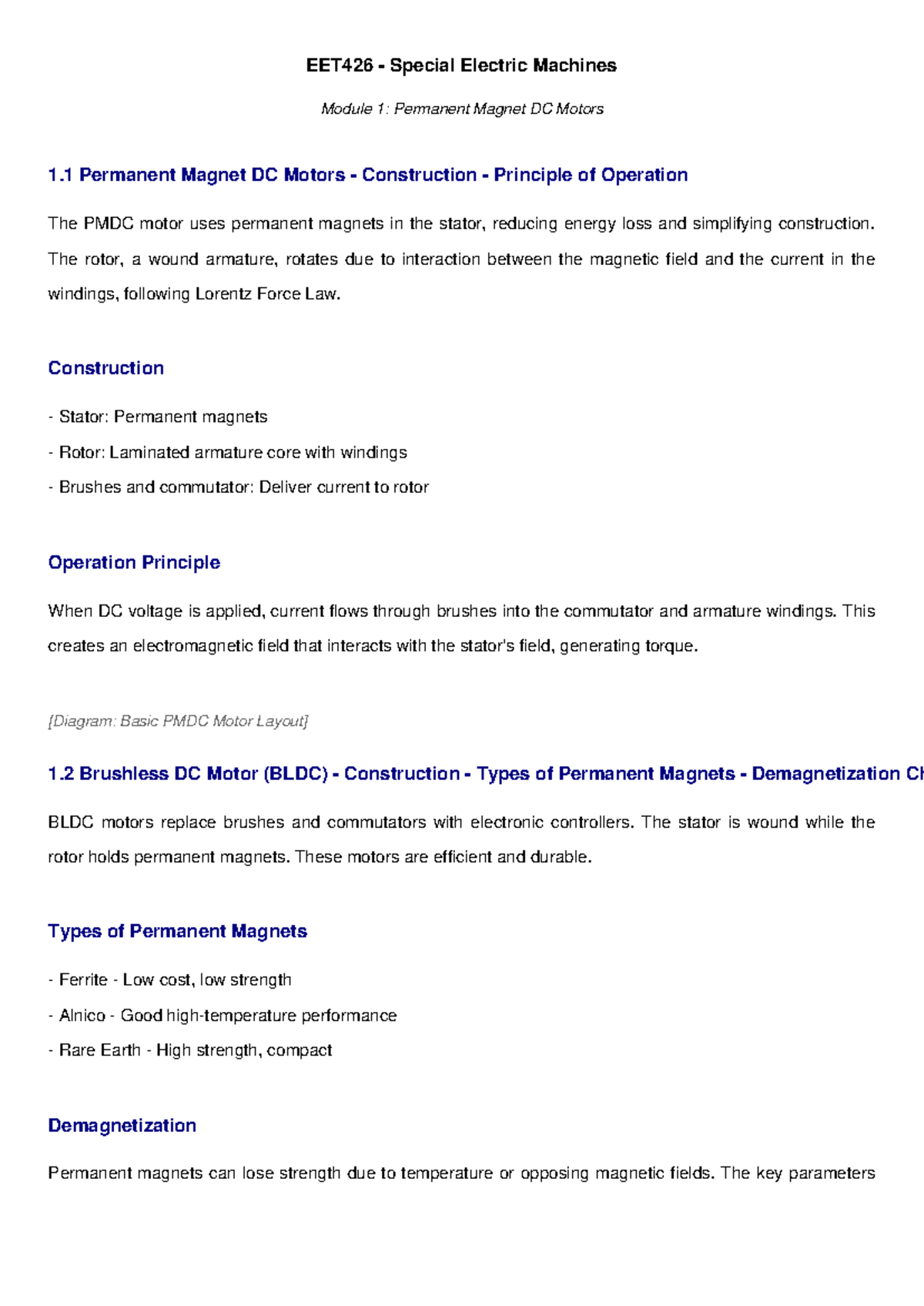 EET426 Module 1: Notes on Permanent Magnet DC Motors and BLDC - Studocu
