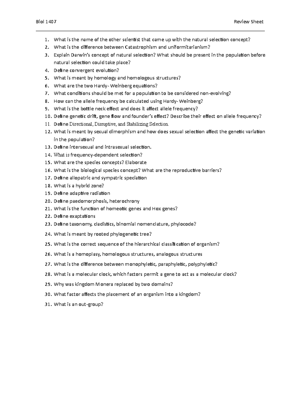Biol 1407 Exam 1 Review Sheet: Natural Selection & Evolution Concepts -  Studocu
