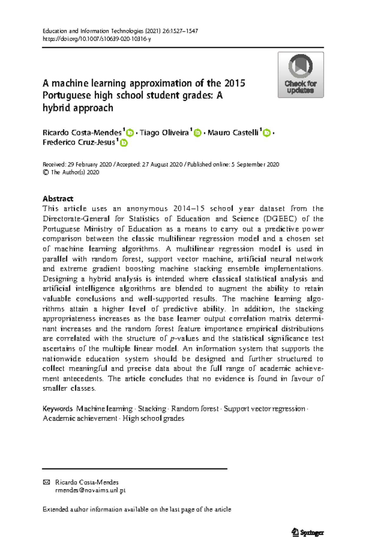 Machine Learning Approaches for Predicting High School Grades (2021 ...