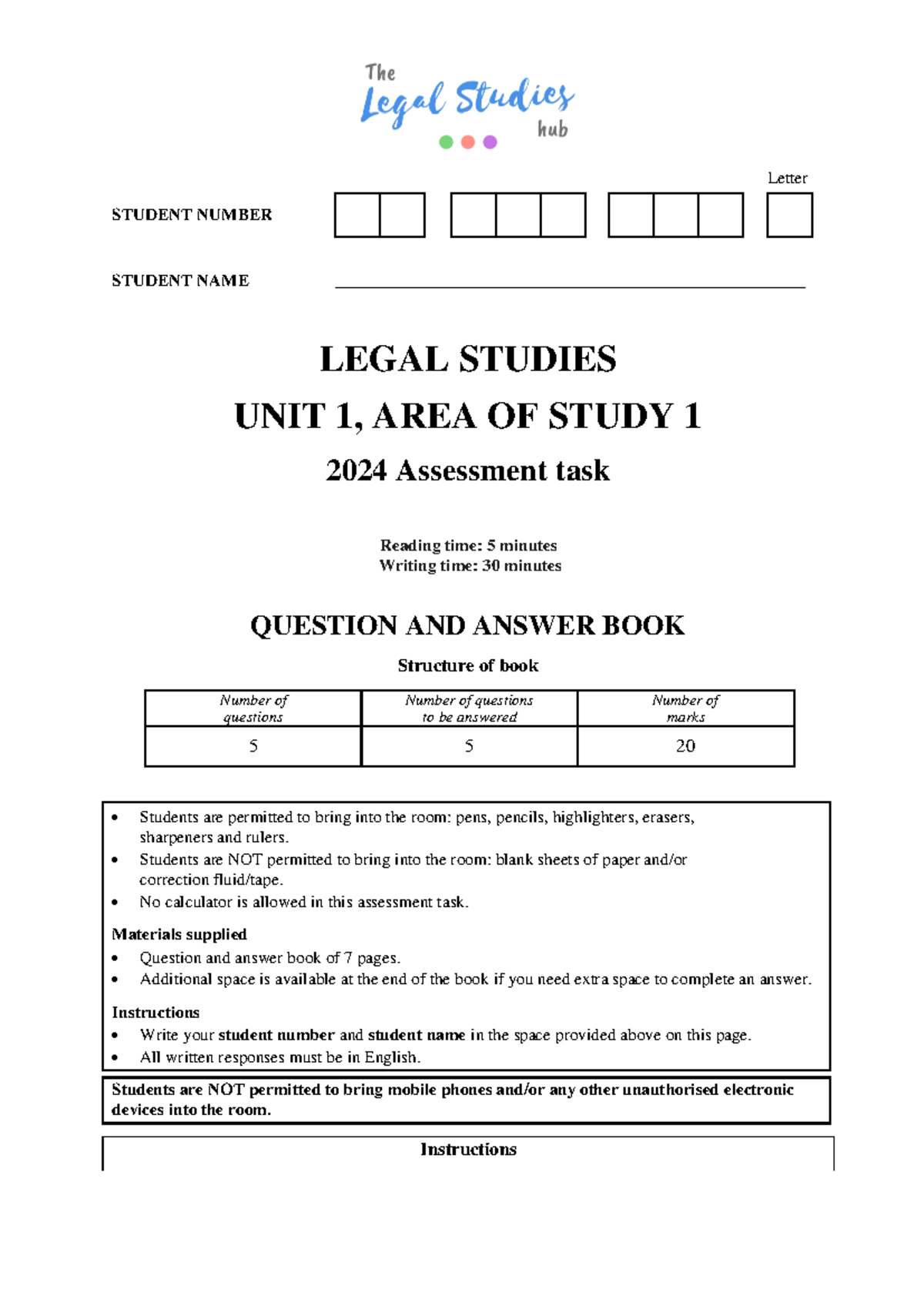 Unit 1 AOS 1 Legal Studies Assessment Task (2024) - Case Study Focus ...