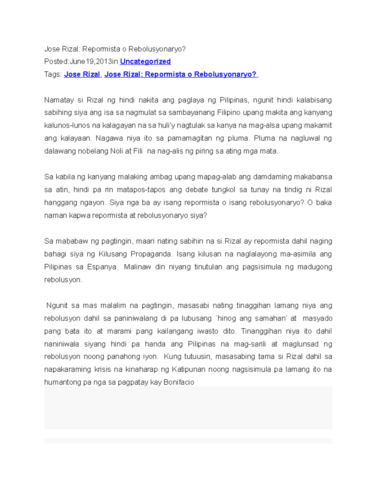 Jose Rizal: Repormista o Rebolusyonaryo? Isang Pagsusuri - Studocu