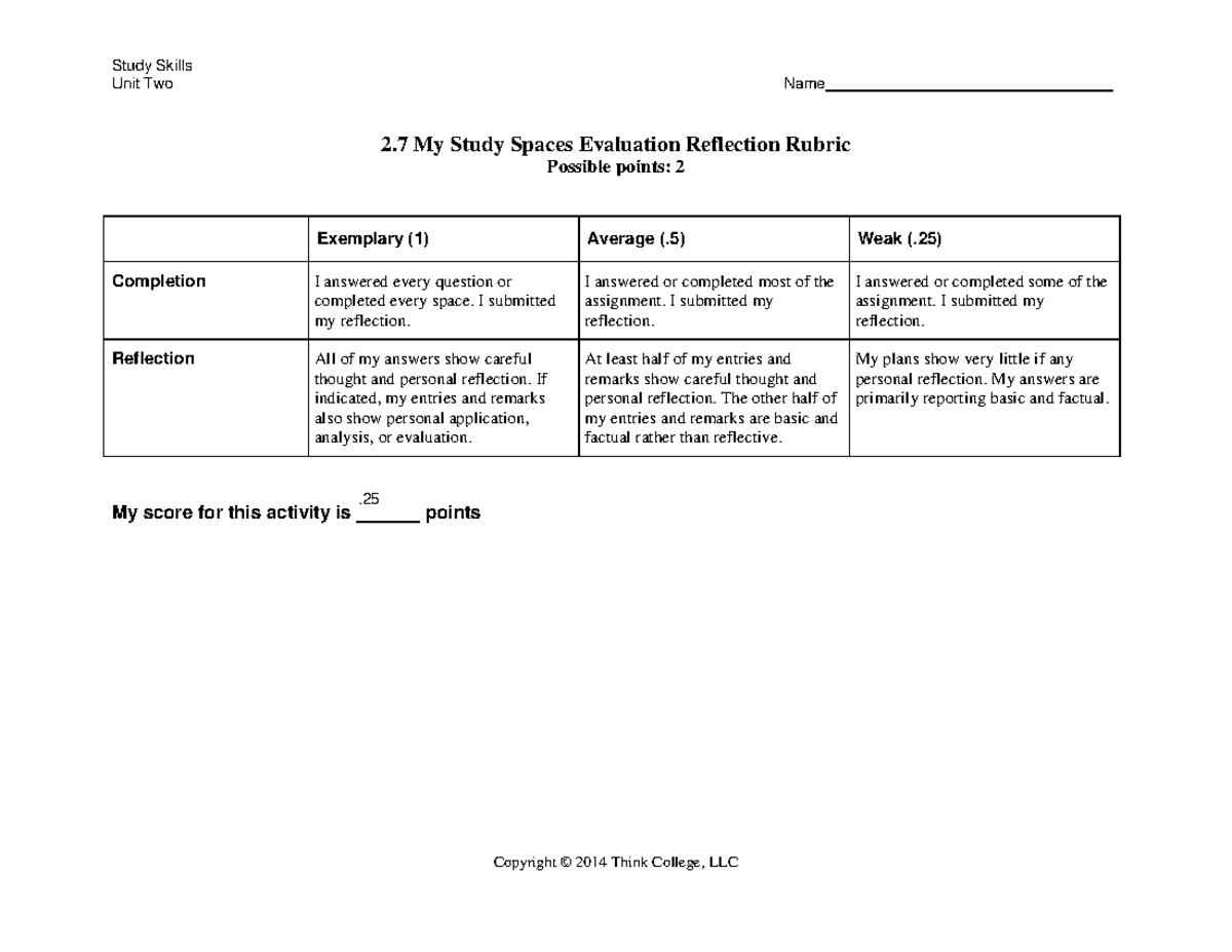7th Grade Math Study Skills Reflection Rubric Guide - Studocu